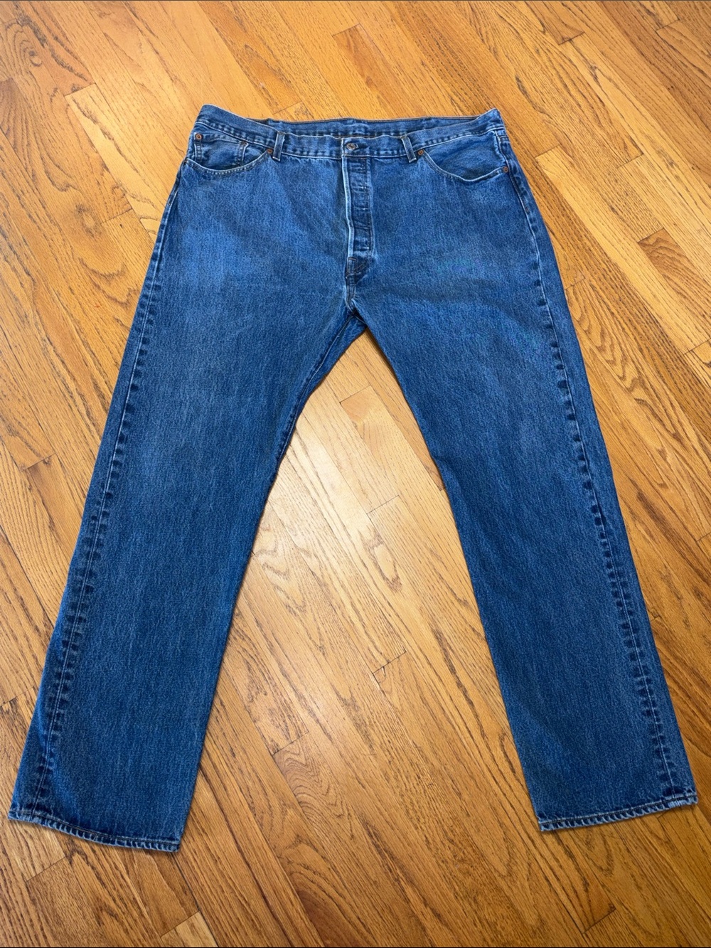 ^Levi's 501 Button Fly Dark Wash Blue Jeans Men's Size W/42 L/34
